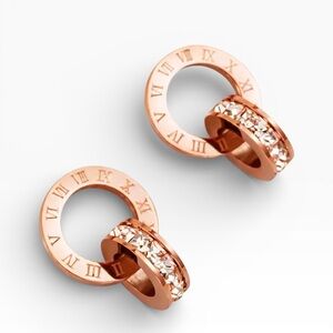 Swarovski Crystals Rose Gold Interlocking Roman Numeral Stud Earrings